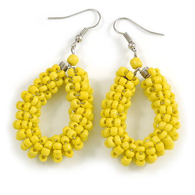 Lemon Yellow Glass Bead Loop Drop Earrings In Silver Tone - 60mm Long - main view