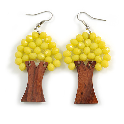 Lemon Yellow Glass Bead Brown Wood Tree Drop Earrings - 70mm Long - main view