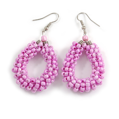 Pink Glass Bead Loop Drop Earrings In Silver Tone - 60mm Long - main view