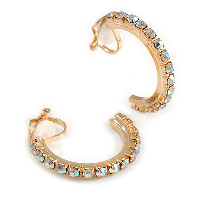 25mm AB Crystal Half Hoop Clip On Earrings In Gold Tone - Small