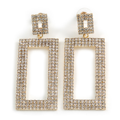 Statement AB Crystal Square Drop Earrings In Gold Tone Metal - 65mm Long - main view