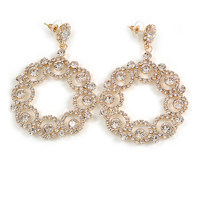 Statement Bridal Clear Crystal Hoop Drop Earrings In Gold Tone - 70mm Long - main view