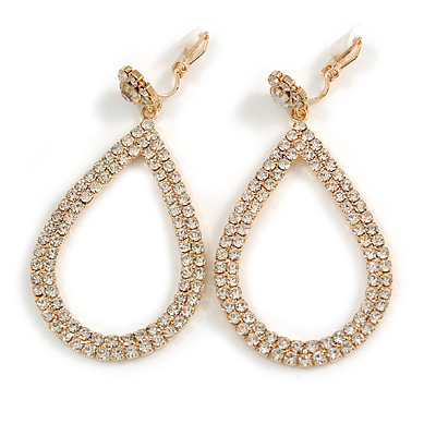 Statement Clear Crystal Large Teardrop Clip On Earrings In Gold Tone - 70mm Long - main view