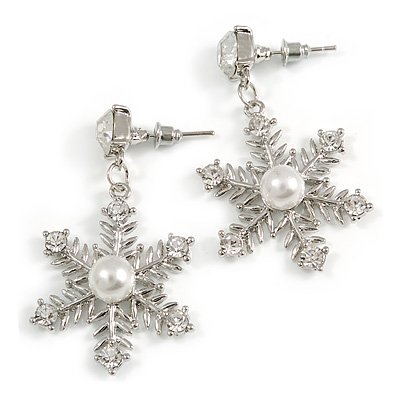 Christmas Crystal, Faux Pearl Snowflake Drop Earrings In Silver Tone - 45mm Long - main view