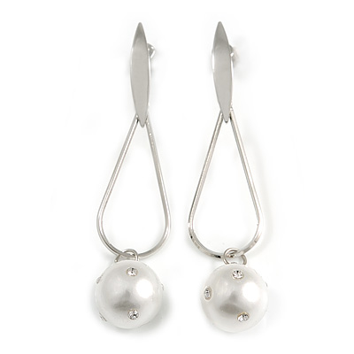 Trendy Loop with Crystal Faux Pearl Bead Drop Earrings In Silver Tone - 70mm Long - main view
