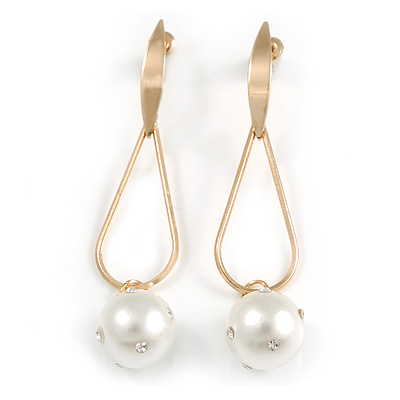 Trendy Loop with Crystal Faux Pearl Bead Drop Earrings In Gold Tone - 70mm Long - main view