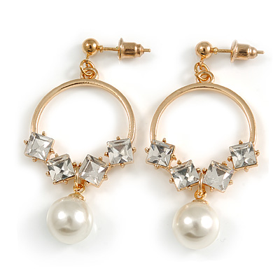 Small Hoop with Dangling Pearl Clear Crystal Earrings In Gold Tone - 45mm Drop - main view
