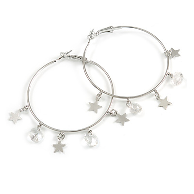 Large Slim Hoop with Star/ AB Crystal Drop Charm Earrings In Silver Tone - 50mm Diameter - main view