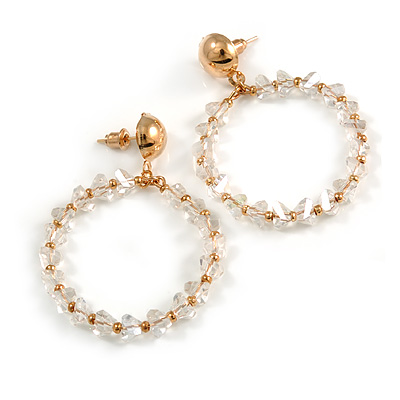 Transparent Faceted Glass Stone Slim Hoop Drop Earrings In Gold Tone - 50mm Tall - main view