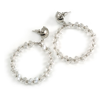 Transparent Faceted Glass Stone Slim Hoop Drop Earrings In Silver Tone - 50mm Tall