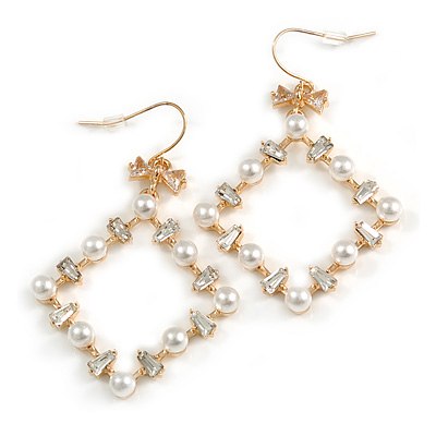 Square White Faux Pearl Bead, Clear CZ Bow Drop Earrings In Gold Tone Metal - 60mm Long