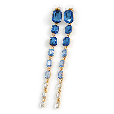 Statement Linear Graduated Glass Stone Long Earrings In Gold Tone in Blue/ Clear - 11.5cm Tall - main view