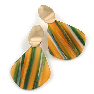 Trendy Stripy Acrylic Teardrop Earrings In Gold Tone (Orange/ Green/ Glitter Gold) - 75mm Long - main view