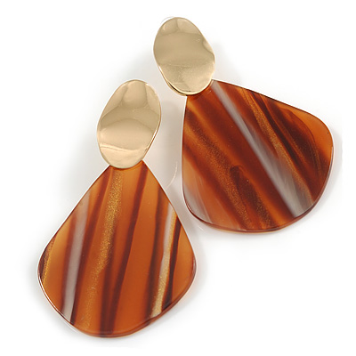 Trendy Stripy Acrylic Teardrop Earrings In Gold Tone (Brown/ Glitter Gold) - 75mm Long