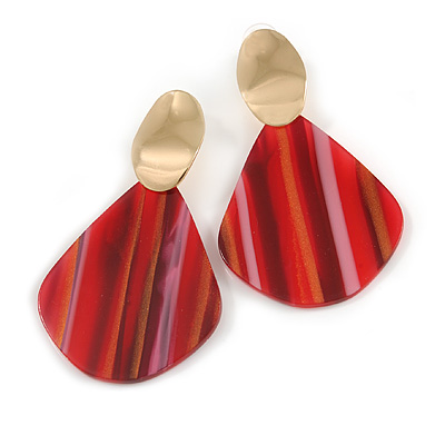 Trendy Stripy Acrylic Teardrop Earrings In Gold Tone (Red/ Glitter Gold) - 75mm Long - main view