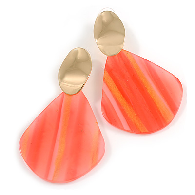 Trendy Stripy Acrylic Teardrop Earrings In Gold Tone (Pink/ Glitter Gold) - 75mm Long - main view