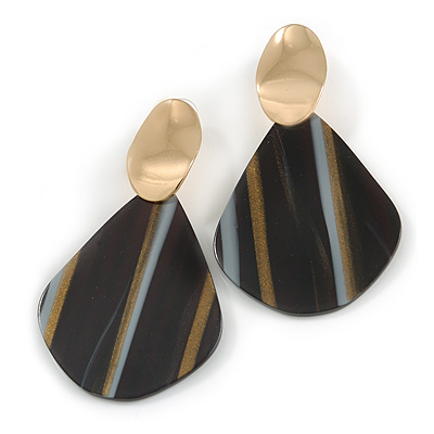 Trendy Stripy Acrylic Teardrop Earrings In Gold Tone (Black/ White/ Glitter Gold) - 75mm Long - main view