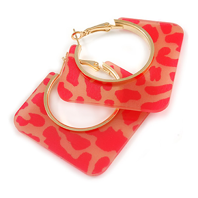 Trendy Pink Animal Print Square Acrylic Hoop Earrings In Gold Tone - 45mm Tall - Medium - main view