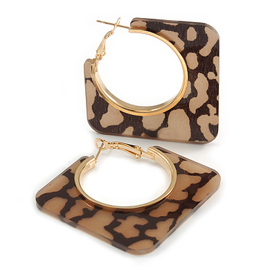 Trendy Taupe/ Black Animal Print Square Acrylic Hoop Earrings In Gold Tone - 45mm Tall - Medium - main view