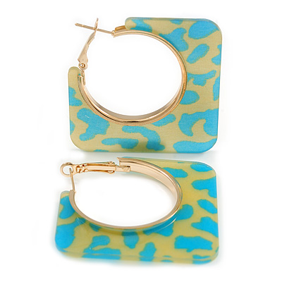 Trendy Teal Blue/ Lemon Yellow Animal Print Square Acrylic Hoop Earrings In Gold Tone - 45mm Tall - Medium - main view