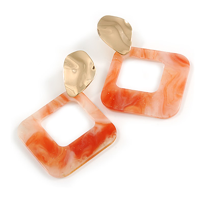 Trendy Salmon Pink Glitter Acrylic Square Earrings In Gold Tone - 70mm Long - main view