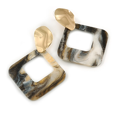 Trendy Black/ White Glitter Acrylic Square Earrings In Gold Tone - 70mm Long - main view