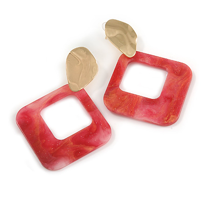 Trendy Magenta/ Pink Glitter Acrylic Square Earrings In Gold Tone - 70mm Long