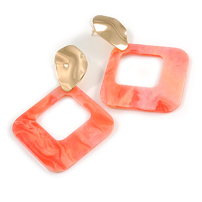 Trendy Coral Pink Glitter Acrylic Square Earrings In Gold Tone - 70mm Long - main view