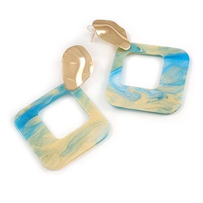 Trendy Light Blue/ Cream Glitter Acrylic Square Earrings In Gold Tone - 70mm Long - main view