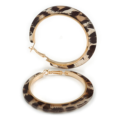 Trendy Brown/ Black Animal Print Acrylic Hoop Earrings In Gold Tone - 60mm Diameter - Large - main view
