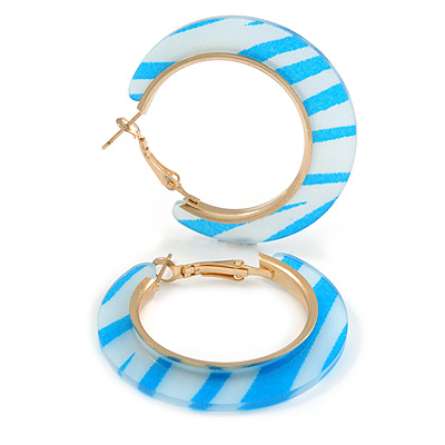 Trendy Pale Blue/ Sky Blue Animal Print Acrylic Hoop Earrings In Gold Tone - 43mm Diameter - Medium - main view