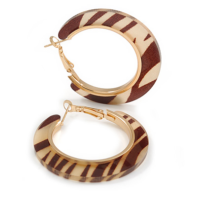 Trendy Light Caramel/ Brown Animal Print Acrylic Hoop Earrings In Gold Tone - 43mm Diameter - Medium - main view