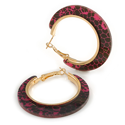 Trendy Magenta/ Black Floral Print Acrylic Hoop Earrings In Gold Tone - 43mm Diameter - Medium - main view