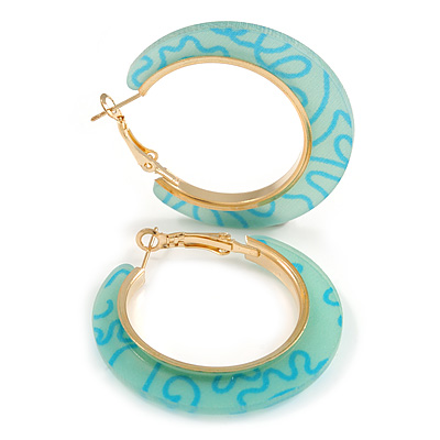 Trendy Aqua/ Teal Fancy Print Acrylic Hoop Earrings In Gold Tone - 43mm Diameter - Medium - main view