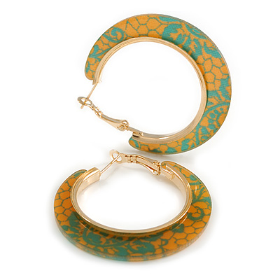 Trendy Orange/ Green Floral Print Acrylic Hoop Earrings In Gold Tone - 43mm Diameter - Medium - main view