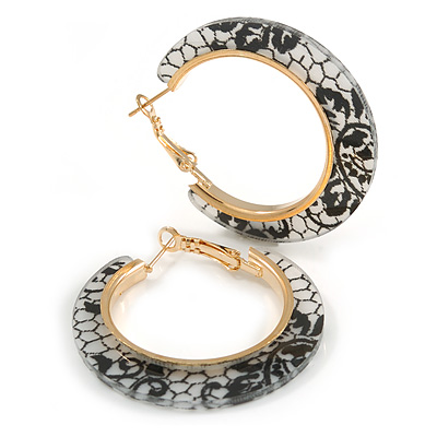 Trendy Black/ White Floral Print Acrylic Hoop Earrings In Gold Tone - 43mm Diameter - Medium - main view