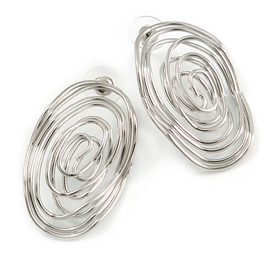 Silver Tone Wire Oval Wavy Drop Earrings - 40mm Tall - main view