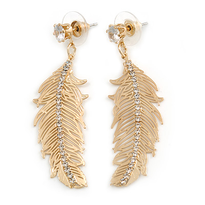 Gold Tone Clear Crystal Delicate Feather Drop Earrings - 50mm Long - main view