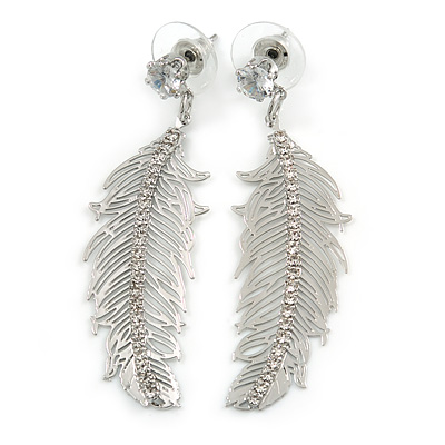 Silver Tone Clear Crystal Delicate Feather Drop Earrings - 50mm Long - main view