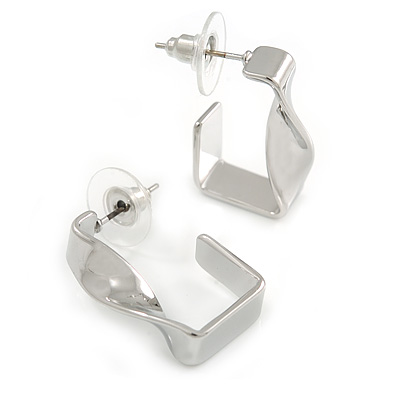 Small Square Twisted Hoop Earrings In Silver Tone Metal - 23mm Tall