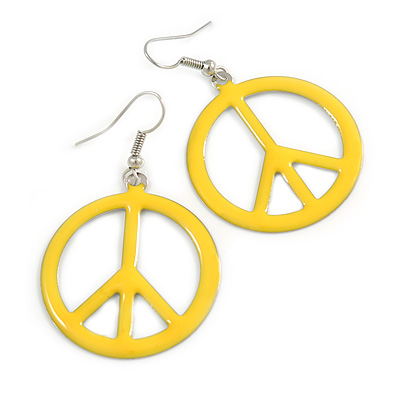 Banana Yellow Enamel 'Peace' Drop Earrings In Silver Plating - 50mm Long - main view