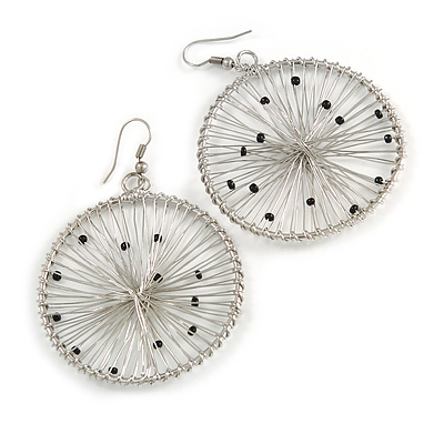 Oversized Silver-Tone Wired Round Earrings - 7cm Long/ 5cm Diameter