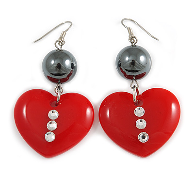 Red Plastic Crystal Heart Earrings In Silver Tone - 60mm Long