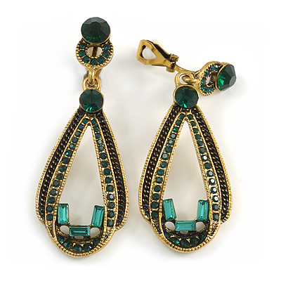 Vintage Inspired Long Emerald Green Crystal Loop Clip On Earrings In Antique Gold Tone - 60mm L