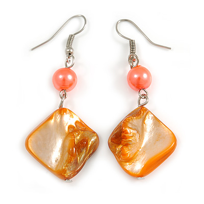 Orange Shell Bead Drop Earrings In Silver Tone - 60mm Long - main view