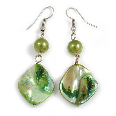 Green Shell Bead Drop Earrings In Silver Tone - 60mm Long