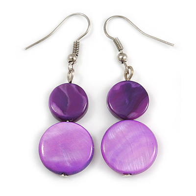 Purple Double Shell Drop Earrings In Silver Tone - 50mm Long - main view
