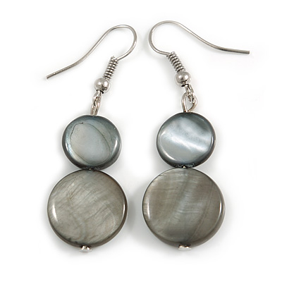 Dark Grey Double Shell Drop Earrings In Silver Tone - 50mm Long