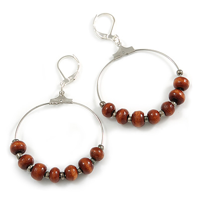 Slim Hoop Earrings with Brown Wood/ Glass Beads In Silver Tone - 35mm Diameter