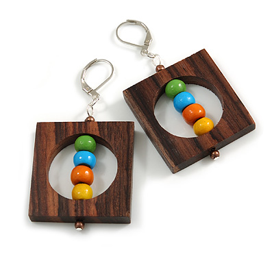 Multicoloured Wood Bead Square Drop Earrings In Silver Tone - 60mm Drop - main view